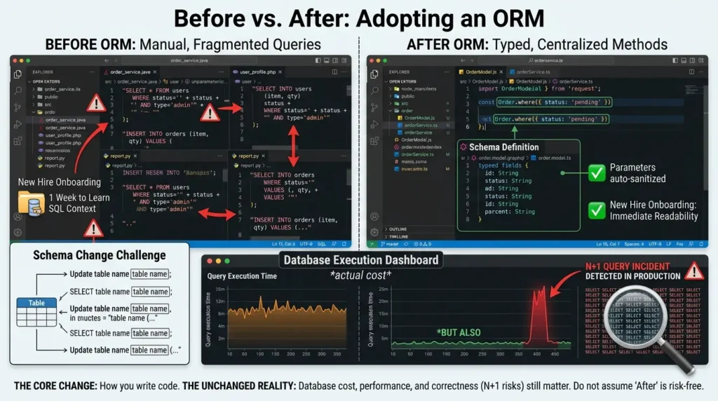 What Is an ORM? A Practical Guide for Developers Who Actually Ship Code Comparing ORM versus manual queries