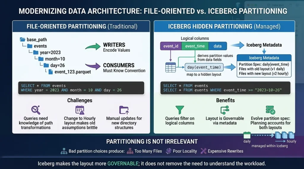 Apache Iceberg vs Parquet: What’s the Difference and When Should You Use Each? Iceberg hidden partitioning