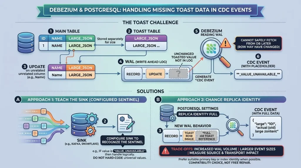 Postgres CDC in Production: Handling Failover, Retries, and Duplicates PostgreSQL TOAST replica intentionally