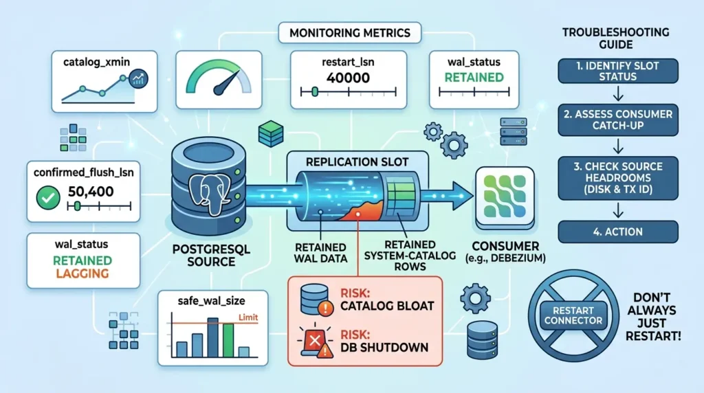 Postgres CDC in Production: Handling Failover, Retries, and Duplicates PostgreSQL replication slot monitoring