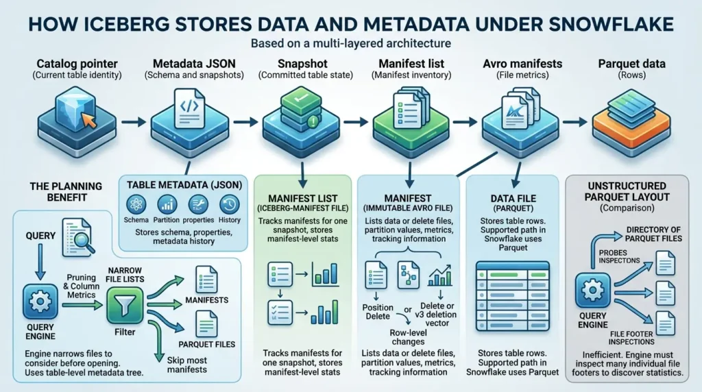 How Iceberg stores data and metadata under Snowflake