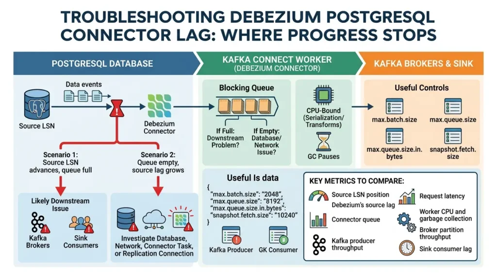 Postgres CDC in Production: Handling Failover, Retries, and Duplicates Troubleshooting Debezium connector Lag
