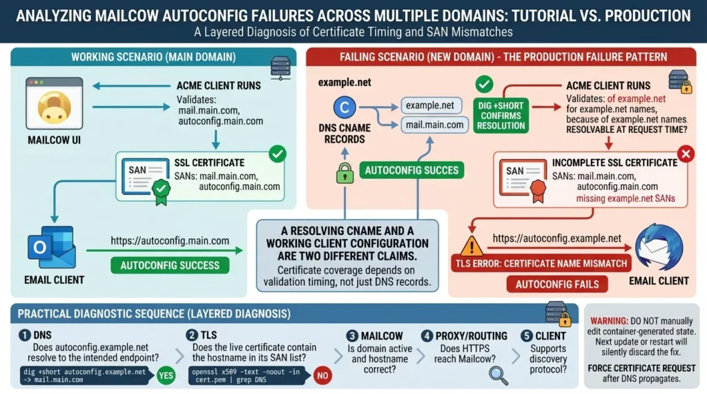 Mailcow DNS Setup, Done Right: The Four Layers Behind Every Working Deployment Autoconfig can fail on a second domain even when DNS looks correct