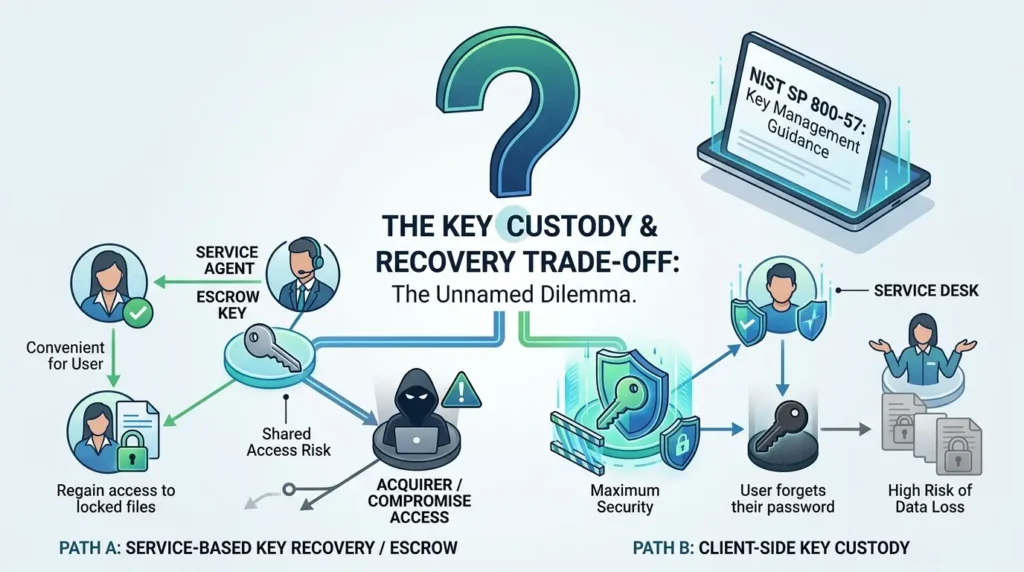 Private Cloud Storage Compared: What Happens When Your Privacy Provider Gets Acquired? Cryptographic key custody and recovery trade-off