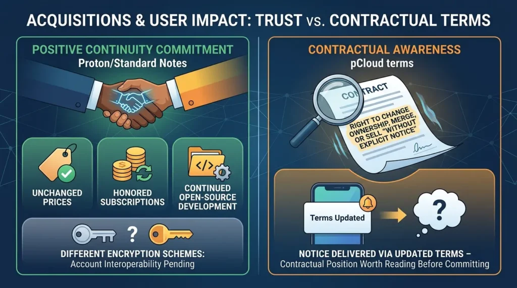 Private Cloud Storage Compared: What Happens When Your Privacy Provider Gets Acquired? Evaluating software acquisition