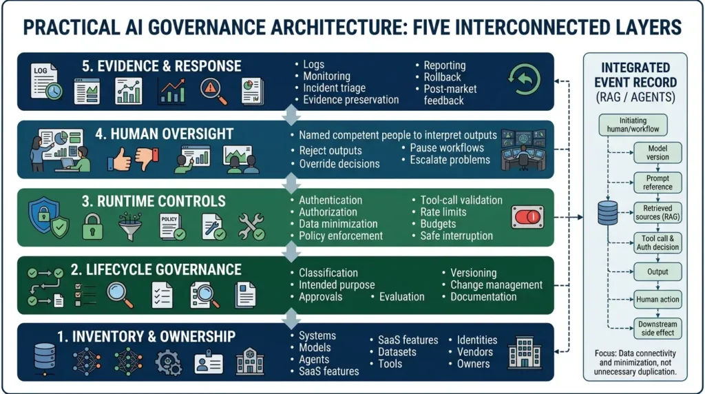 EU AI Act Compliance Guide: Deadlines, Roles, and Enterprise Requirements Practical architecture layers for AI Governance