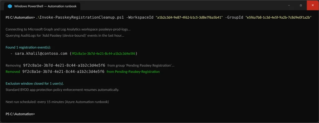 Why Entra Passkeys Get Blocked by App Protection Policy on BYOD — And the Fix Microsoft Doesn't Fully Document PowerShell cleanup automation removing a registered user from the Pending Passkey Registration group so standard app protection enforcement resumes