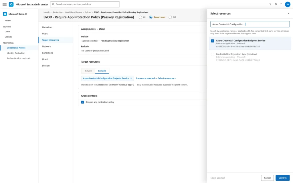 Why Entra Passkeys Get Blocked by App Protection Policy on BYOD — And the Fix Microsoft Doesn't Fully Document Conditional Access policy editor with the Select resources picker adding the Azure Credential Configuration Endpoint Service as the only excluded resource