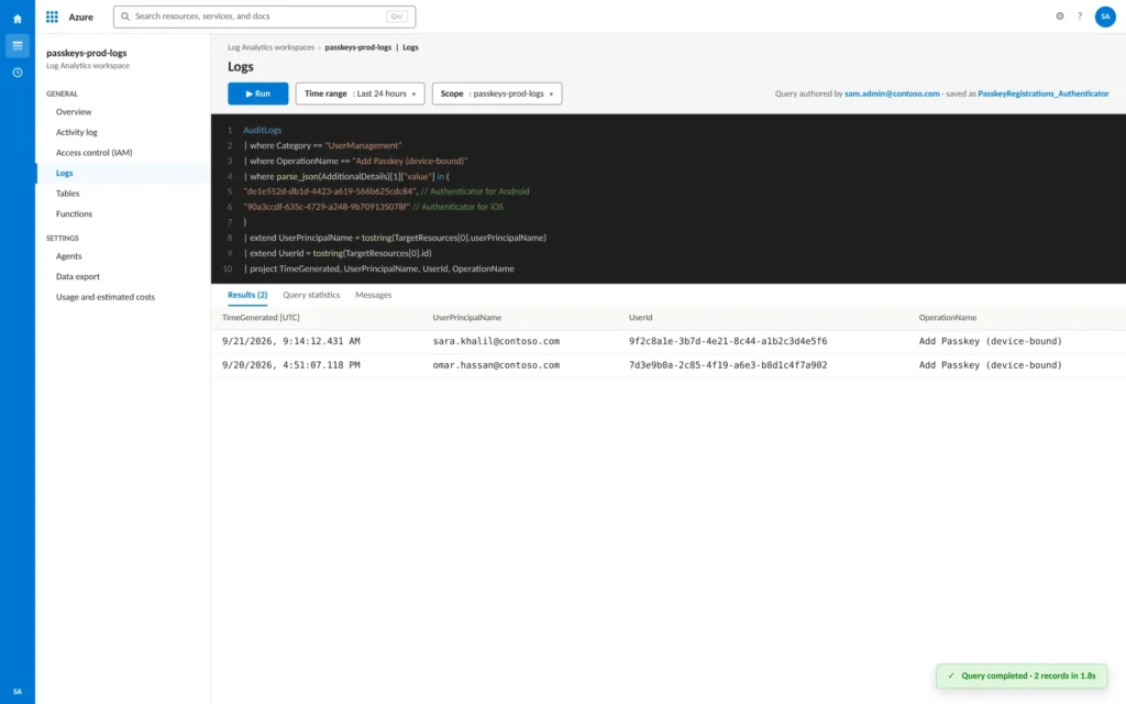 Why Entra Passkeys Get Blocked by App Protection Policy on BYOD — And the Fix Microsoft Doesn't Fully Document Azure Log Analytics running the KQL detection query filtering AuditLogs for Add Passkey device-bound events by the two Microsoft Authenticator AAGUIDs