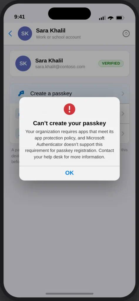Why Entra Passkeys Get Blocked by App Protection Policy on BYOD — And the Fix Microsoft Doesn't Fully Document Microsoft Authenticator on a personal iPhone showing the error blocking passkey creation under a require app protection policy Conditional Access grant