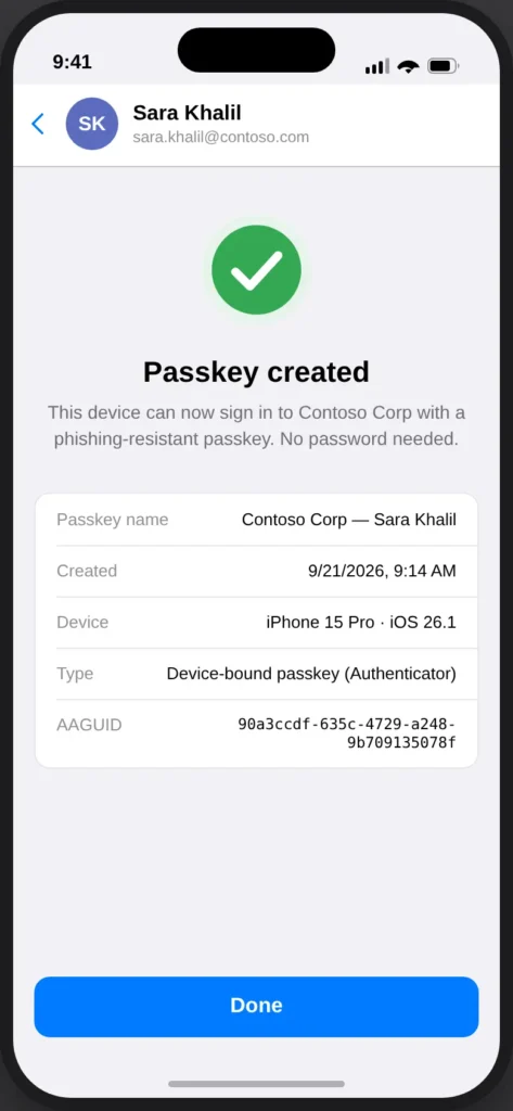 Why Entra Passkeys Get Blocked by App Protection Policy on BYOD — And the Fix Microsoft Doesn't Fully Document Microsoft Authenticator confirming a successfully created device-bound passkey on a personal iPhone, showing the iOS Authenticator AAGUID