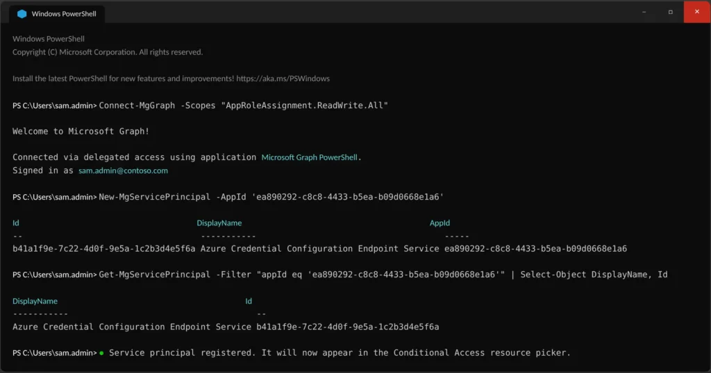 Why Entra Passkeys Get Blocked by App Protection Policy on BYOD — And the Fix Microsoft Doesn't Fully Document PowerShell output of New-MgServicePrincipal creating the Azure Credential Configuration Endpoint Service with app ID ea890292-c8c8-4433-b5ea-b09d0668e1a6