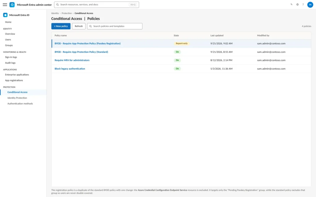 Why Entra Passkeys Get Blocked by App Protection Policy on BYOD — And the Fix Microsoft Doesn't Fully Document Conditional Access policies list showing the duplicated Passkey Registration policy in report-only state beside the unchanged standard BYOD app protection policy