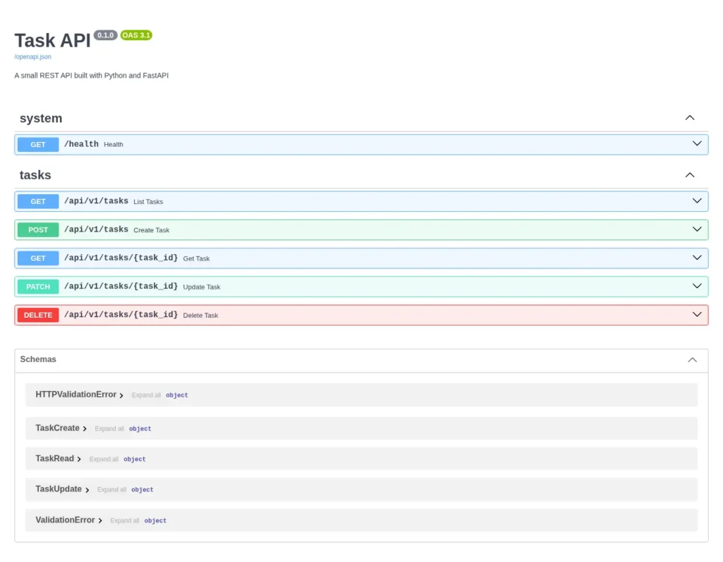How to Build REST API with Python And FastAPI Swagger UI page at /docs showing the Task API 0.1.0 title, the GET /health route, and the GET/POST/PATCH/DELETE routes under /api/v1/tasks.