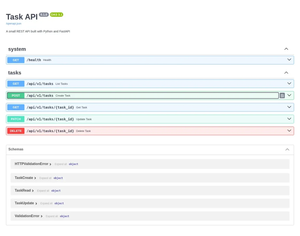 How to Build REST API with Python And FastAPI Swagger UI showing the POST /api/v1/tasks operation block expanded, with the TaskCreate request body schema and a Try-it-out panel.
