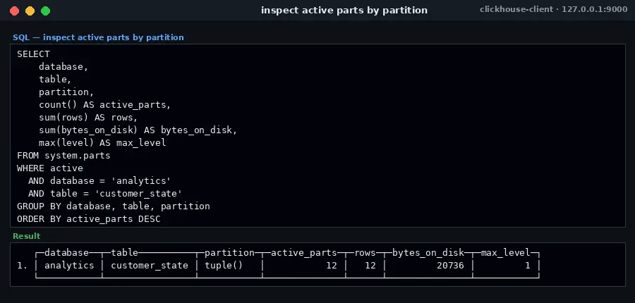ClickHouse system.parts query showing active parts