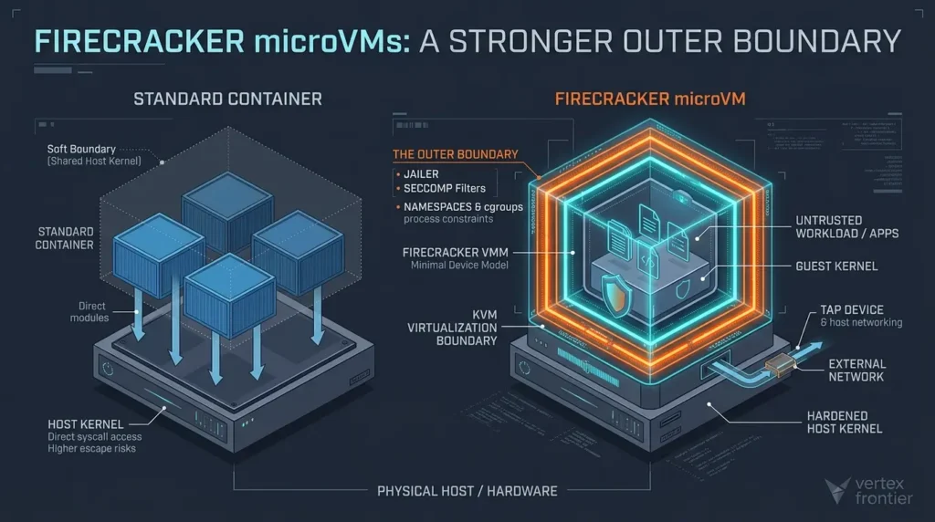 Sandboxing AI Coding Agents: Comparing Docker, Firecracker & eBPF Isolation in Production Firecracker microVMs outer boundary