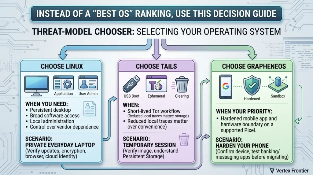 Privacy-Focused Operating Systems Compared: Linux, Tails, and GrapheneOS Threat model OS chooser guide