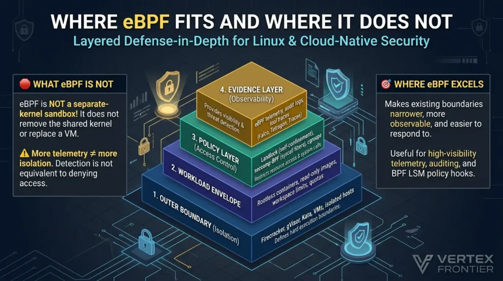 Sandboxing AI Coding Agents: Comparing Docker, Firecracker & eBPF Isolation in Production eBPF security boundaries and layers